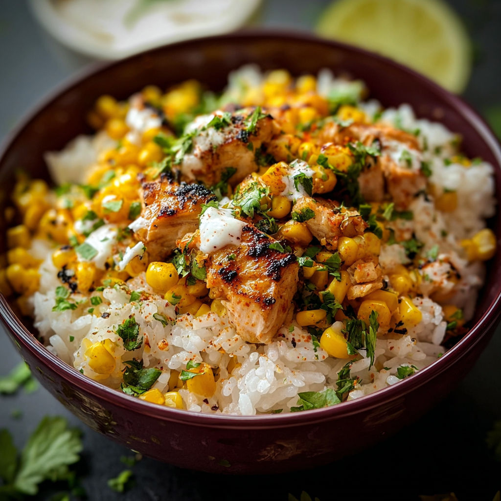 A bowl of rice with chicken and corn.