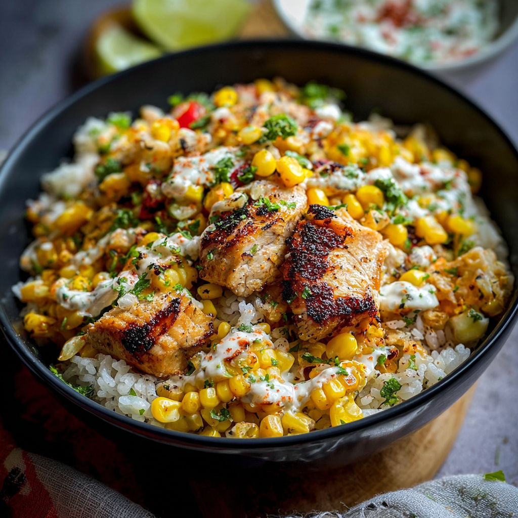 A bowl of rice with chicken and corn.