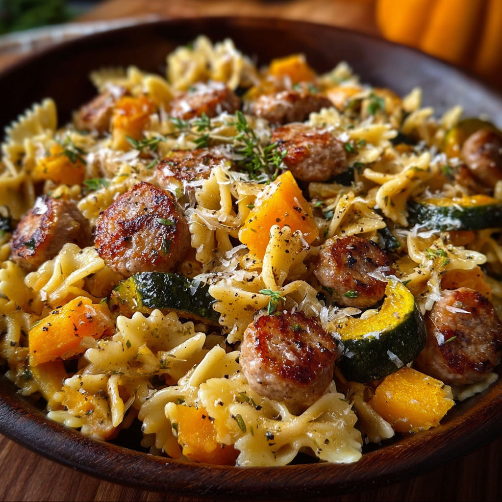 A bowl of pasta with sausage and squash.