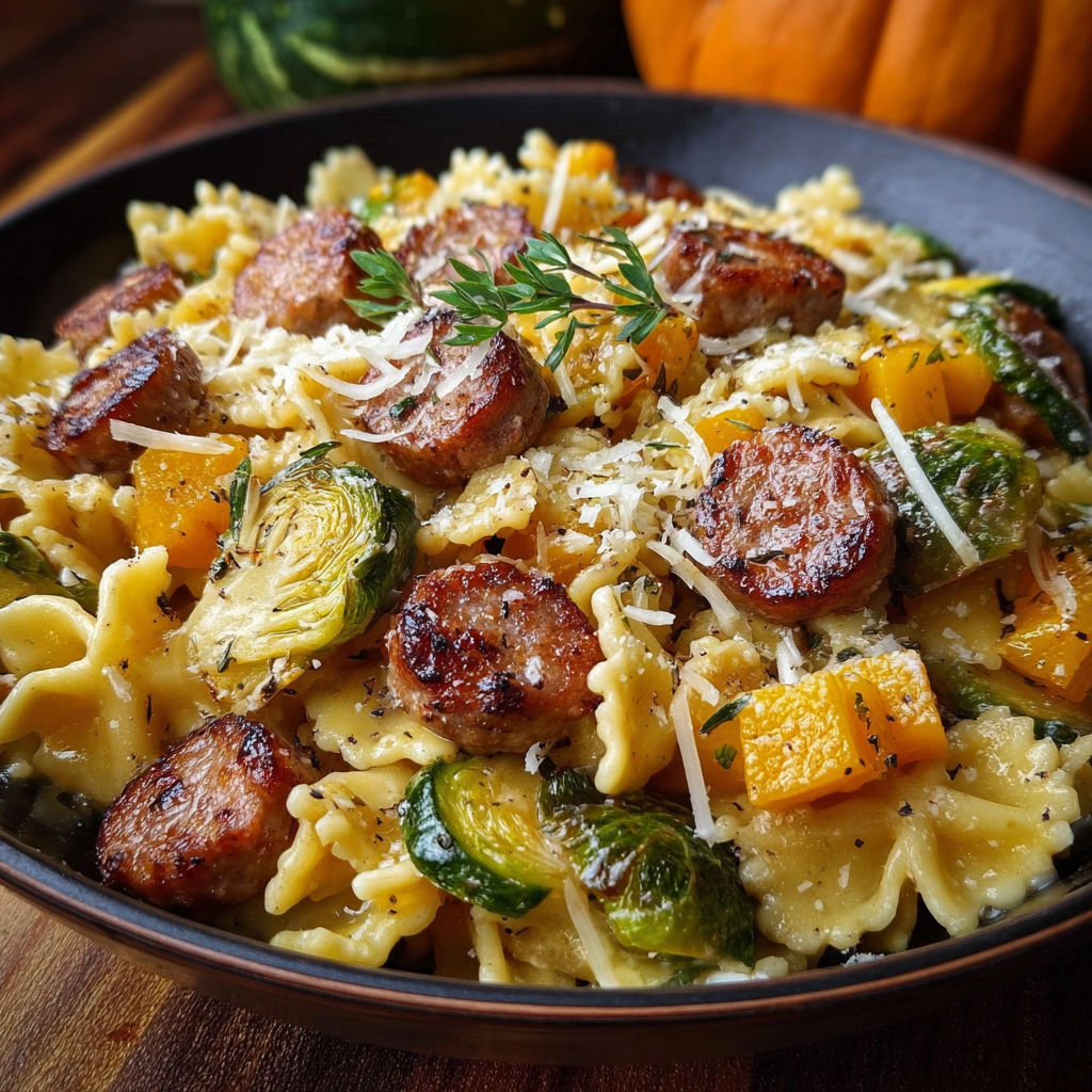 A bowl of pasta with sausage and squash.