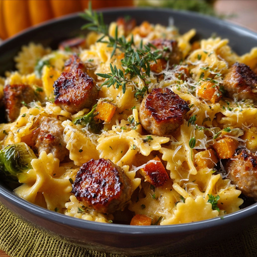 A bowl of pasta with sausage and squash.