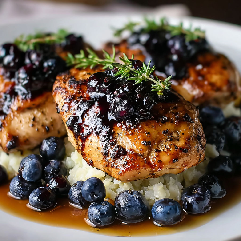 A plate of chicken with blueberries and thyme.