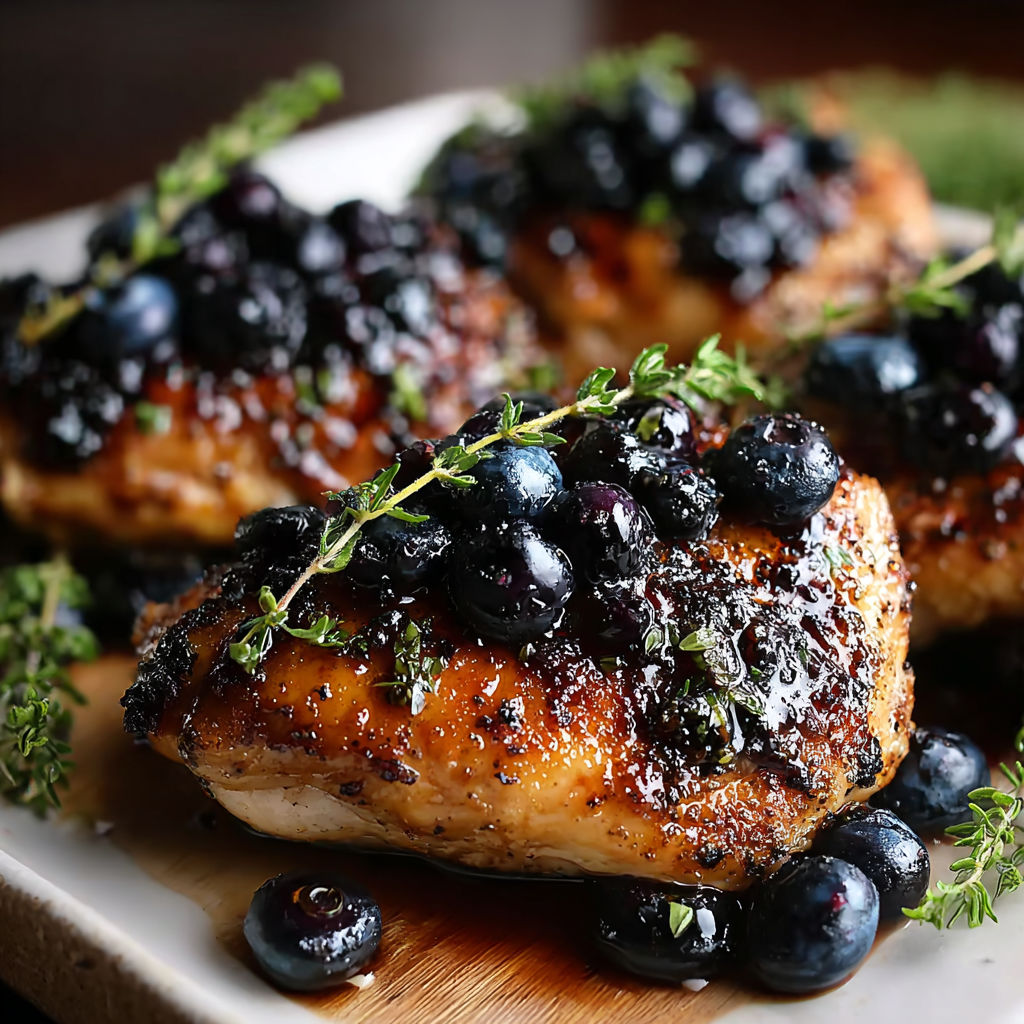 A plate of chicken with blueberries and thyme.