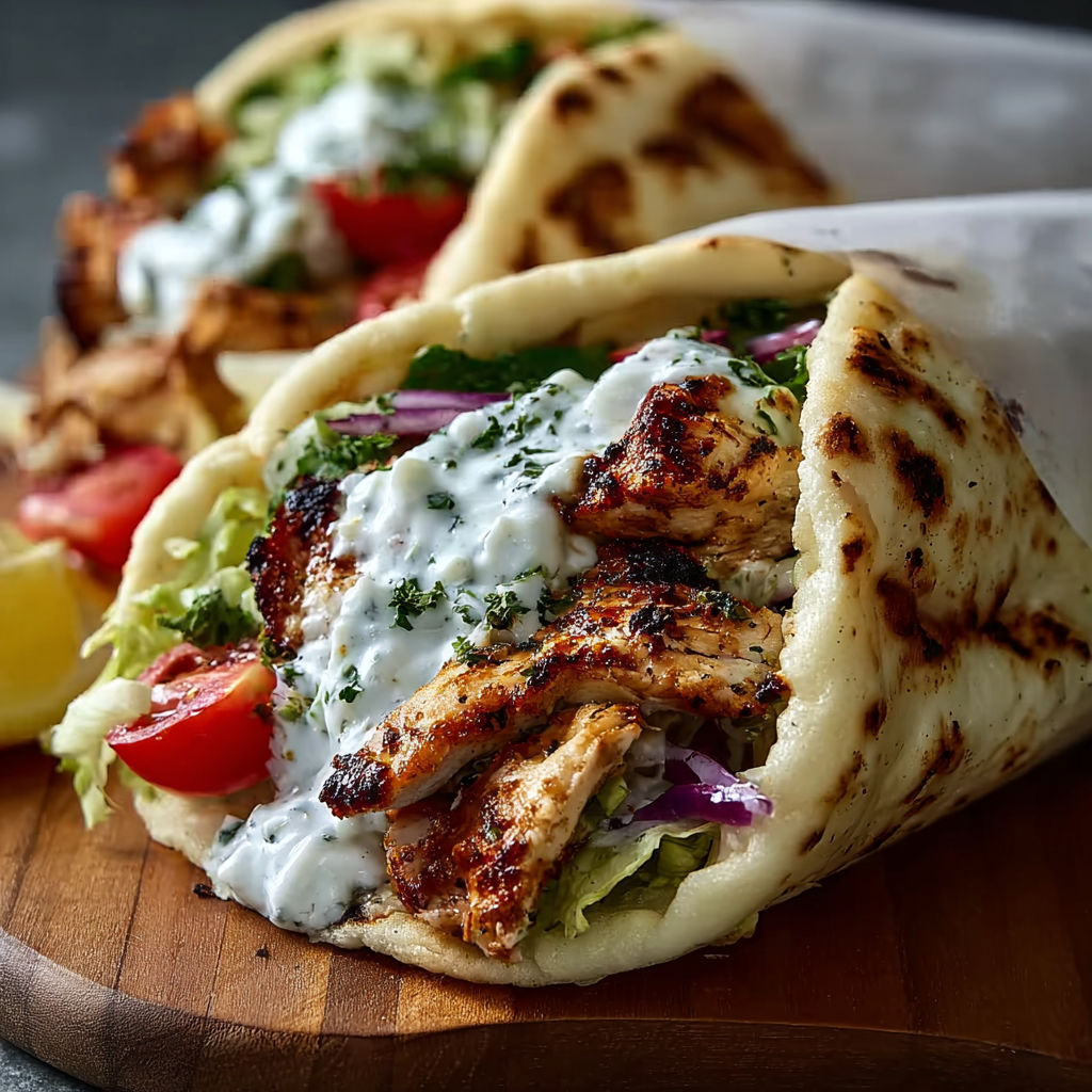 A gyro sandwich with chicken and feta cheese.