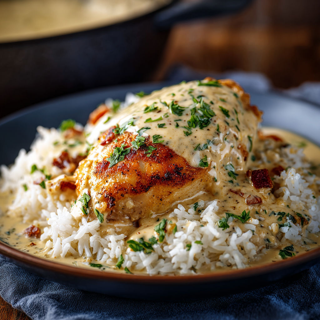 A plate of rice and chicken covered in cream.