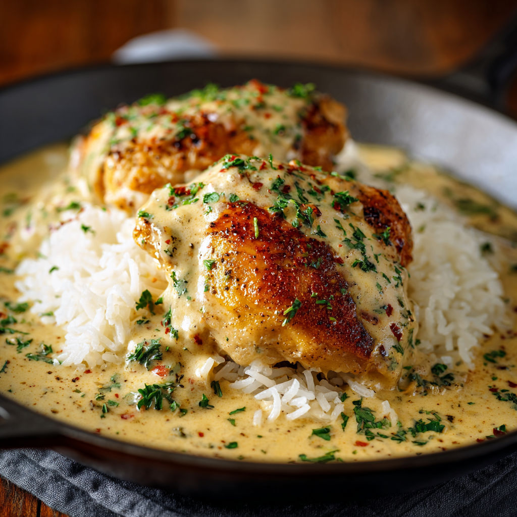 A dish of creamy smothered chicken and rice.