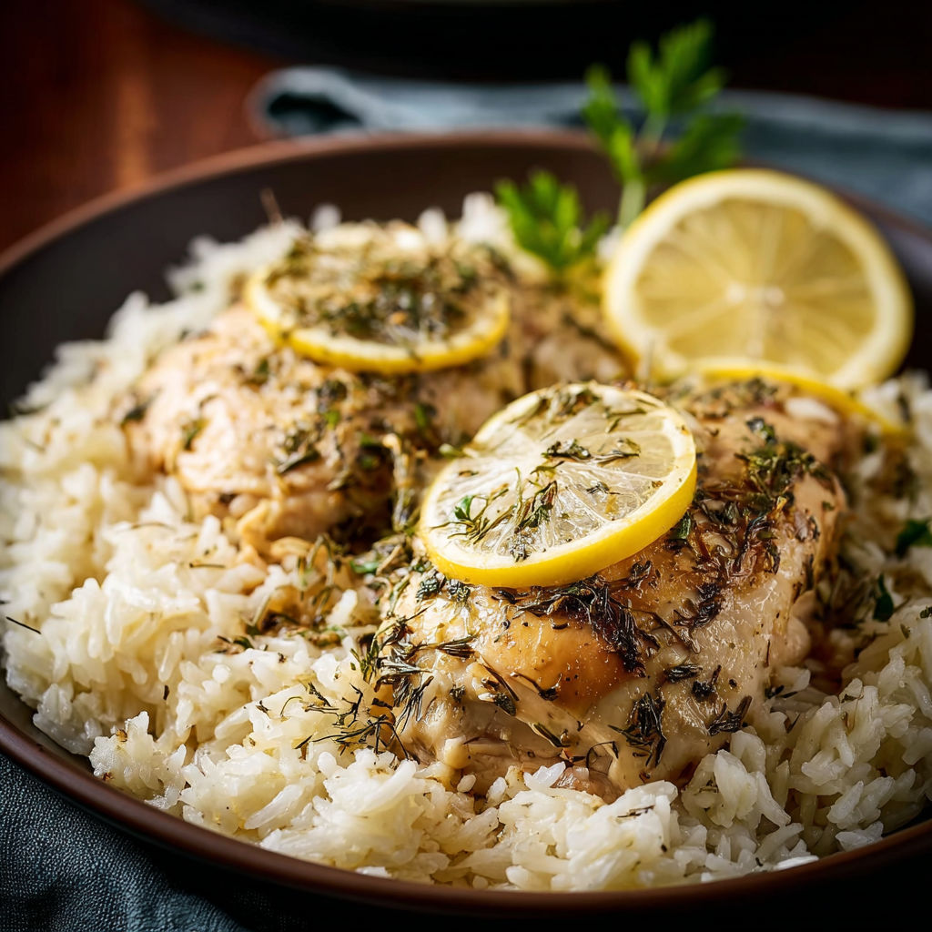 A plate of chicken with lemon and herbs on top.