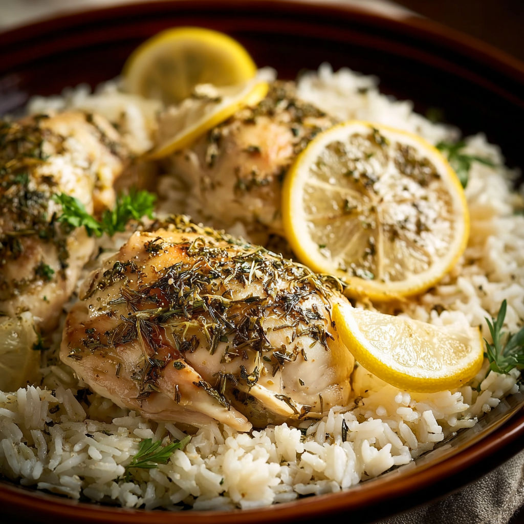 A bowl of chicken and rice with lemon wedges on top.