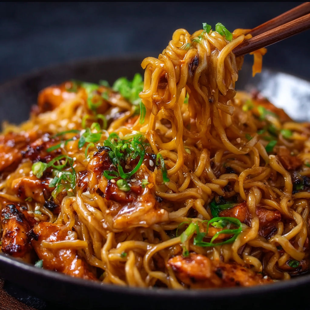 A bowl of noodles with chicken and garlic.