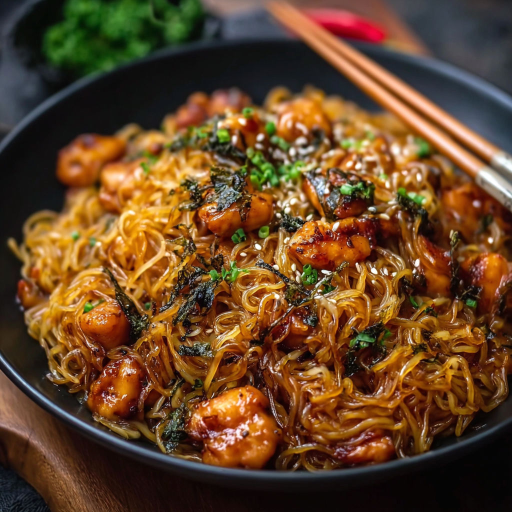 A bowl of noodles with chicken and vegetables.