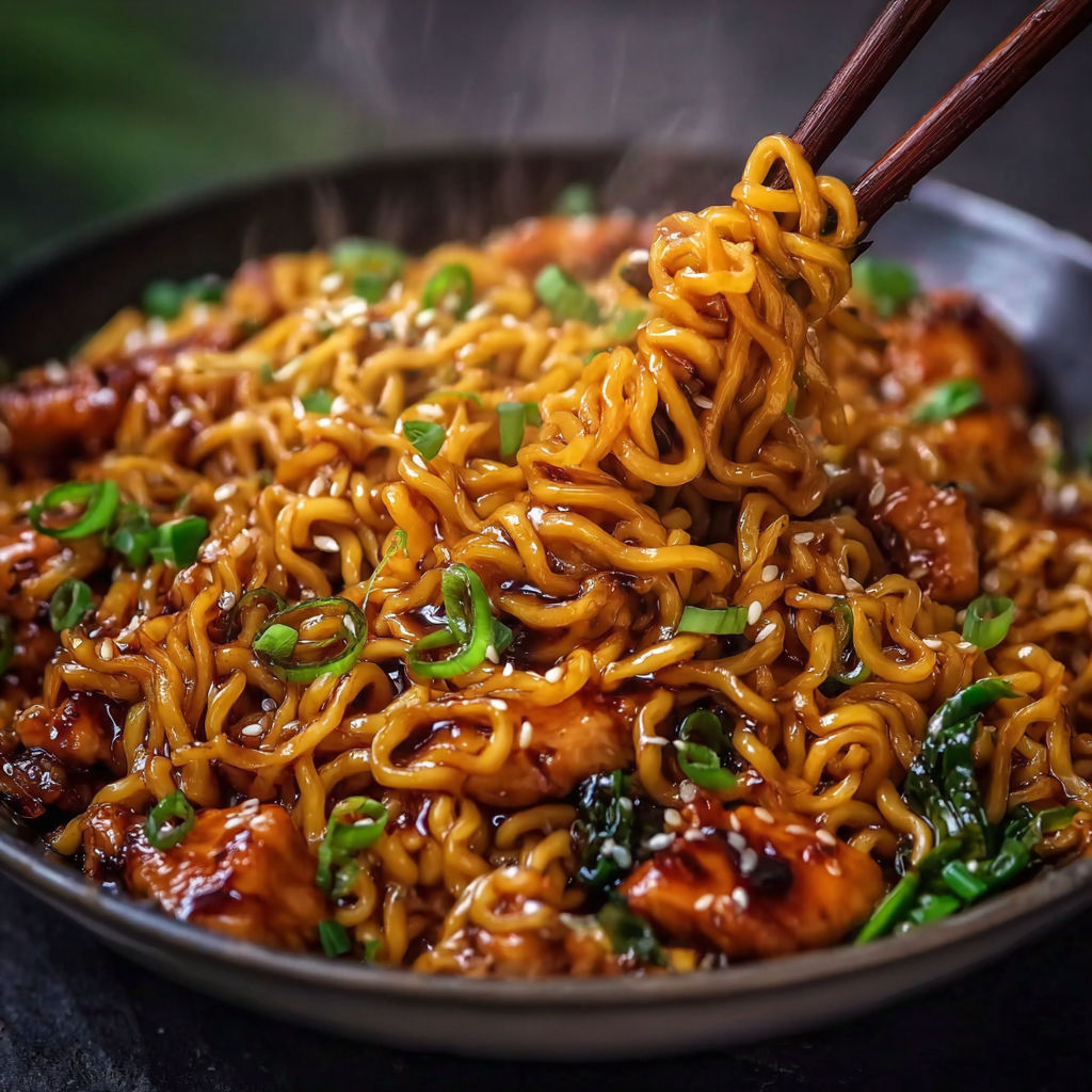 A bowl of noodles with chicken and vegetables.