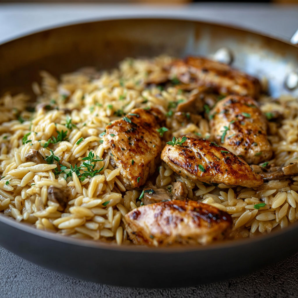 A pan of Marsala Chicken Orzo.