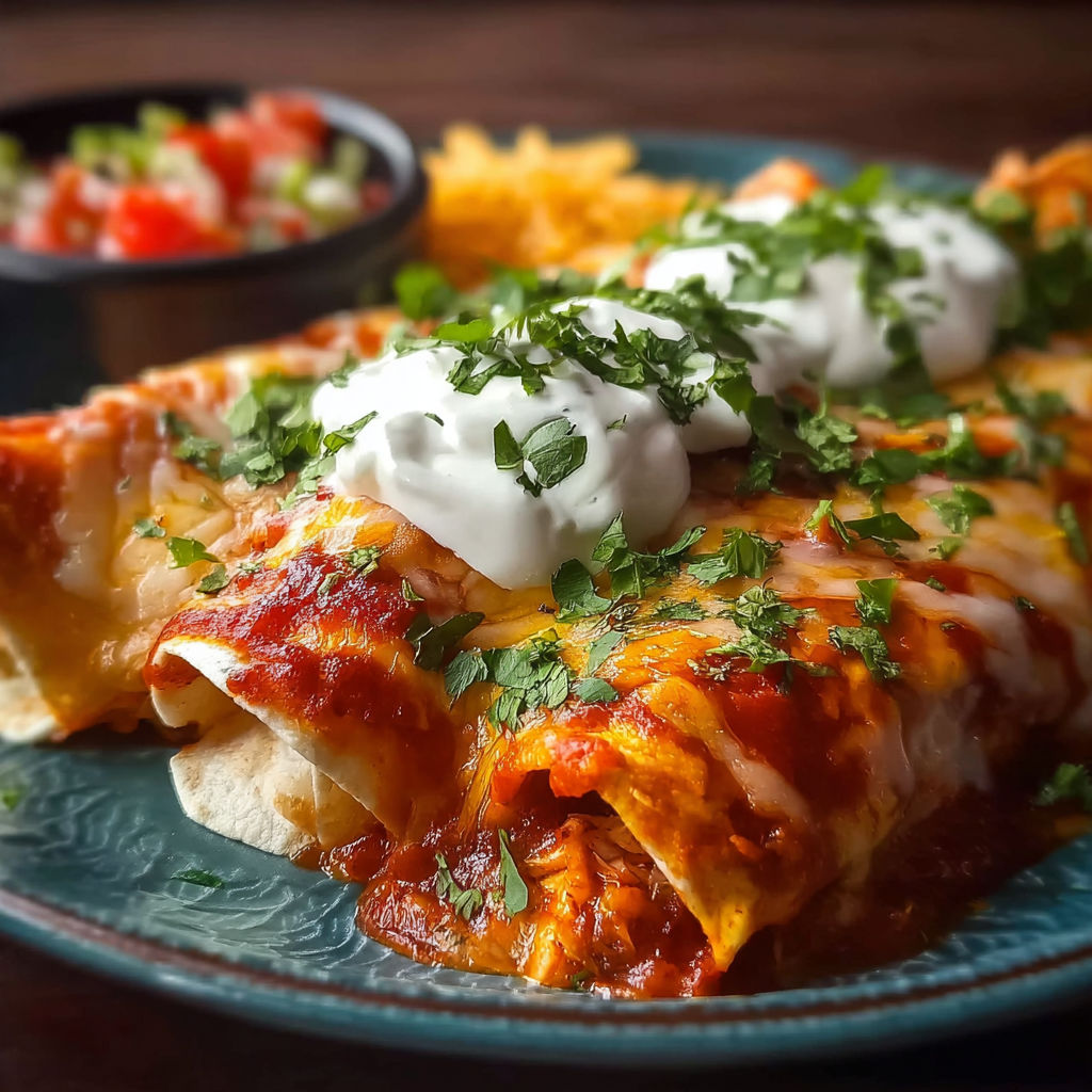 A delicious chicken enchilada with white cheese and green onions.