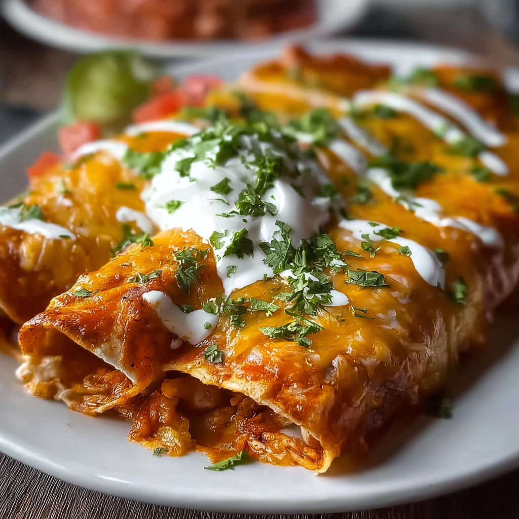 A delicious chicken enchilada with white cheese and green onions.