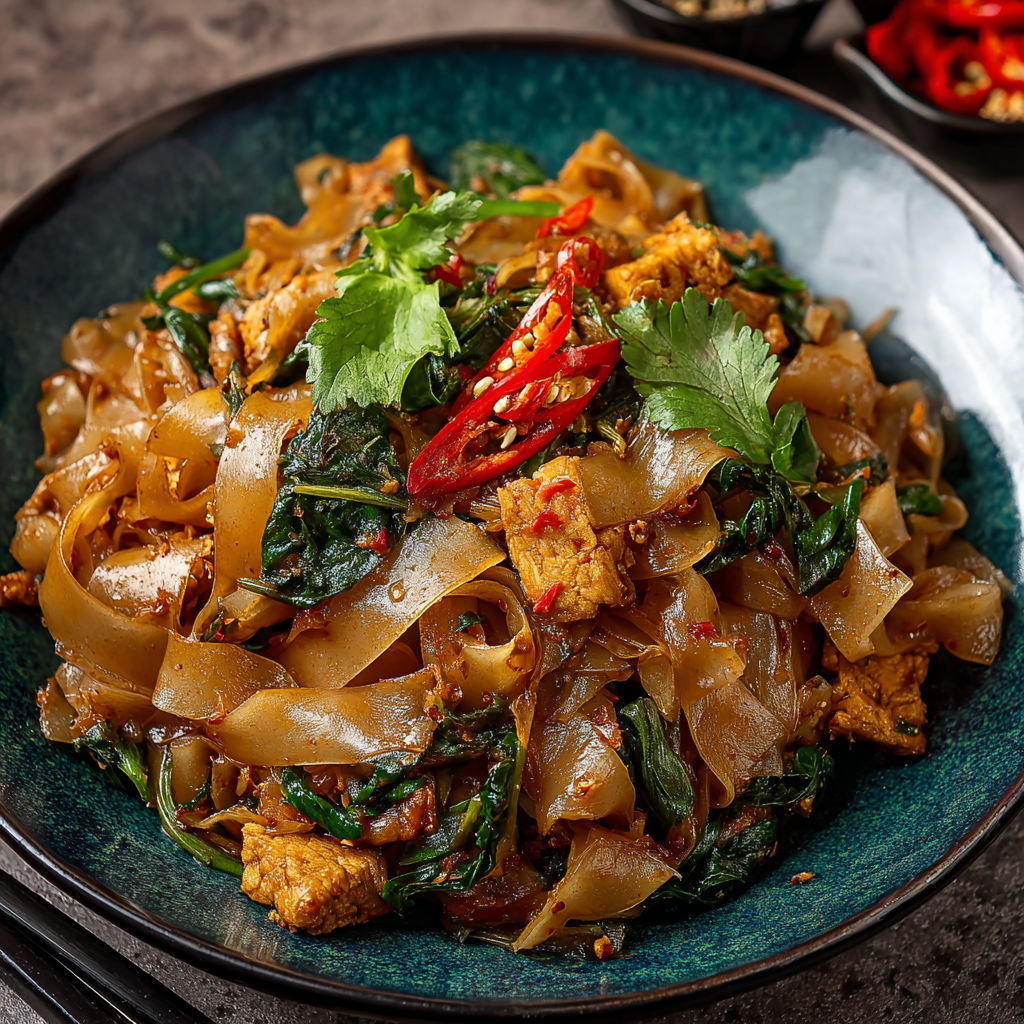 A bowl of Thai drunken noodles with vegetables and meat.