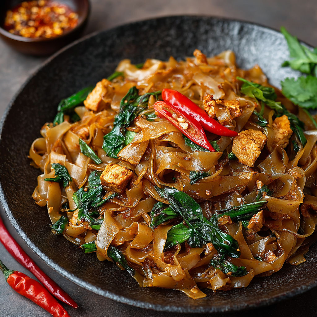 A bowl of drunken noodles with peppers and greens.