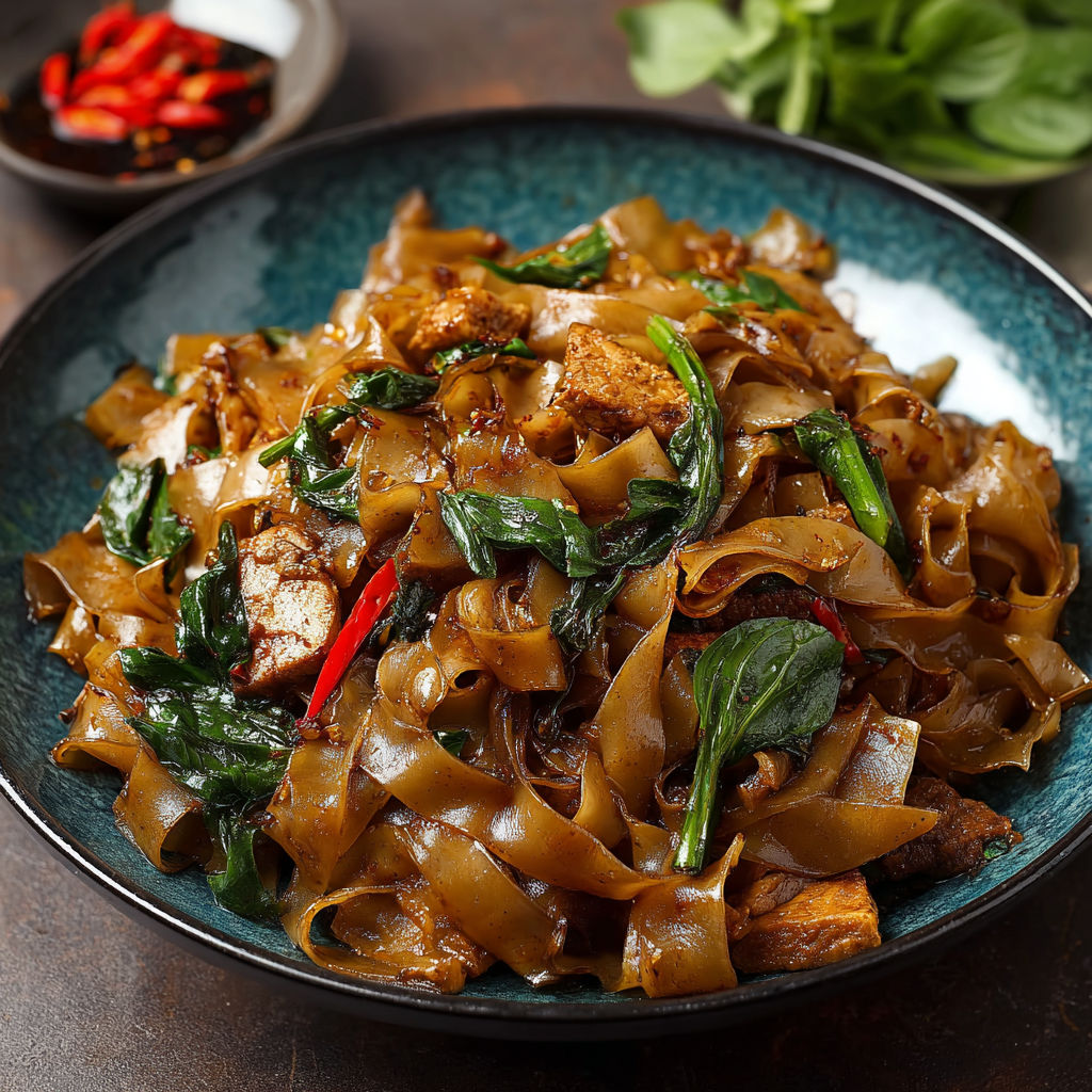 A bowl of drunken noodles with vegetables and meat.