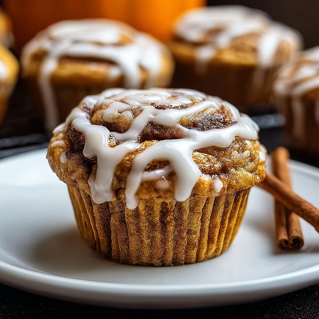 A plate of cinnamon roll muffins with a cinnamon stick on top.
