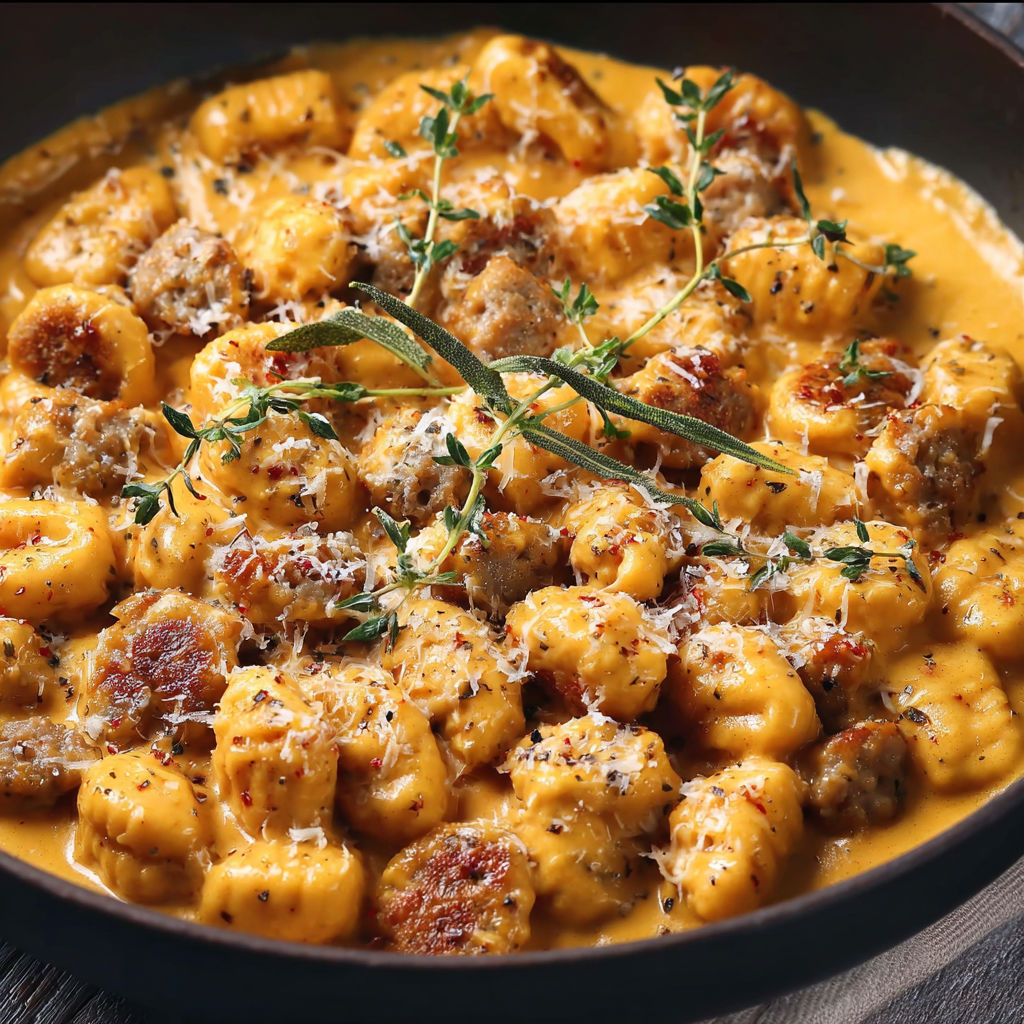 A skillet with creamy cajun chicken lazone and herby corn.