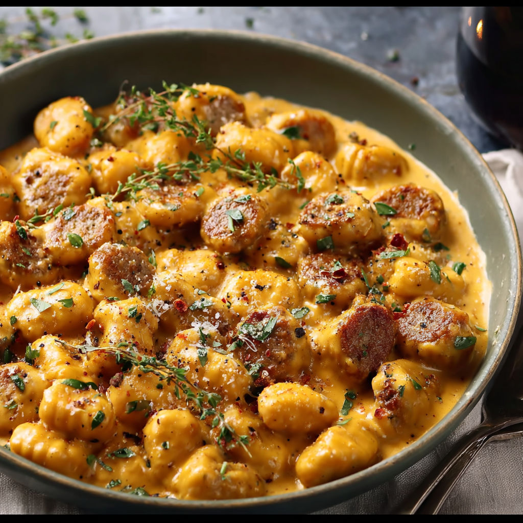 A bowl of pasta with sausage and cheese.