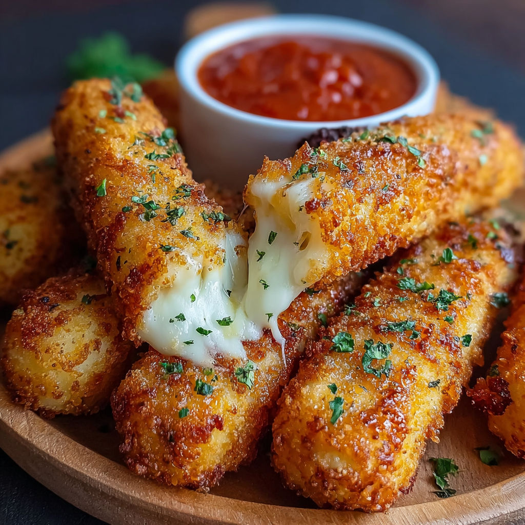 Mozzarella sticks on a wooden platter.