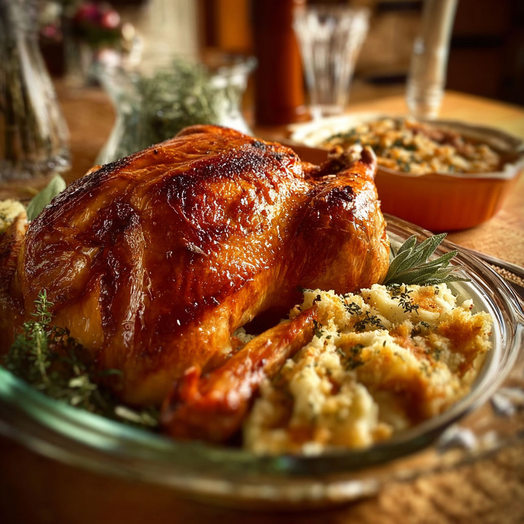 A roasted turkey with a stuffing and gravy.
