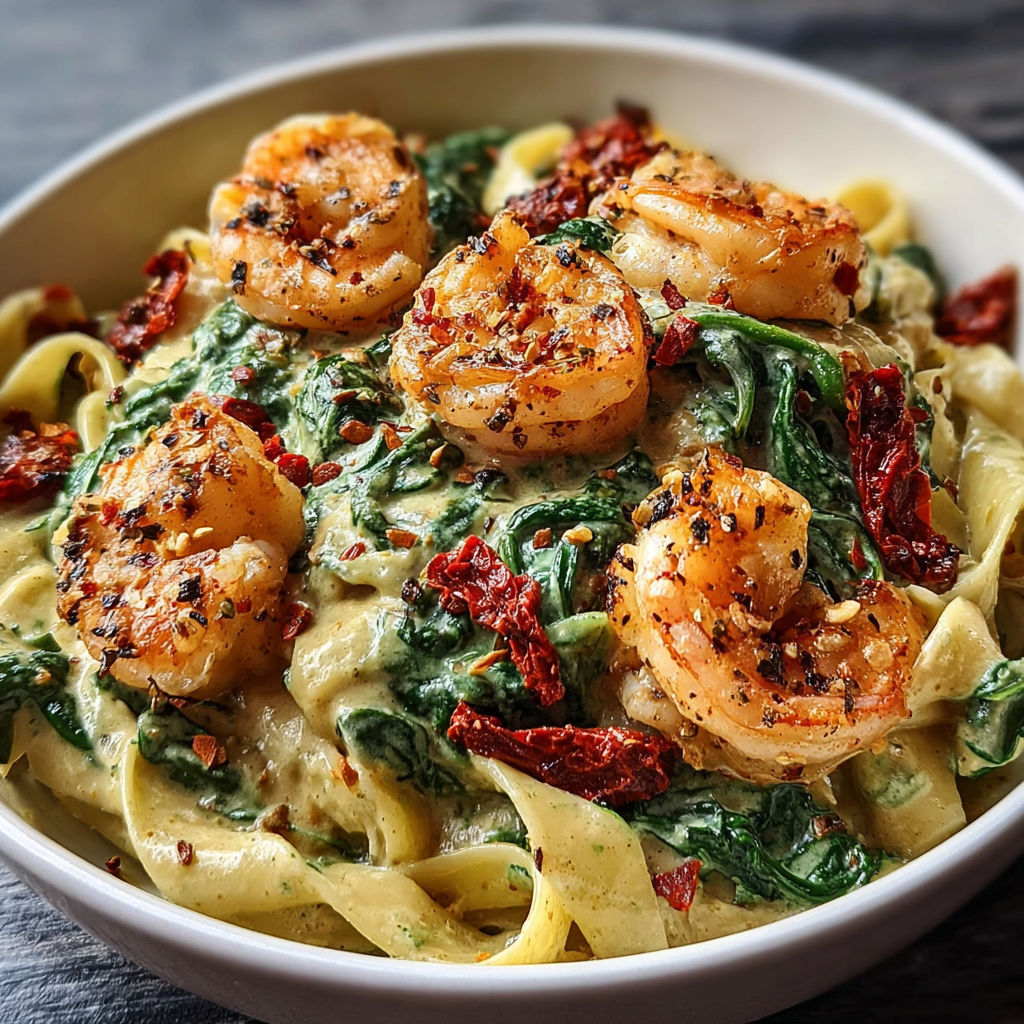 A bowl of pasta with shrimp and spinach.