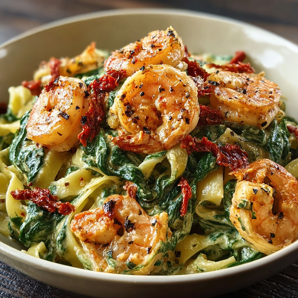 A bowl of shrimp and pasta.