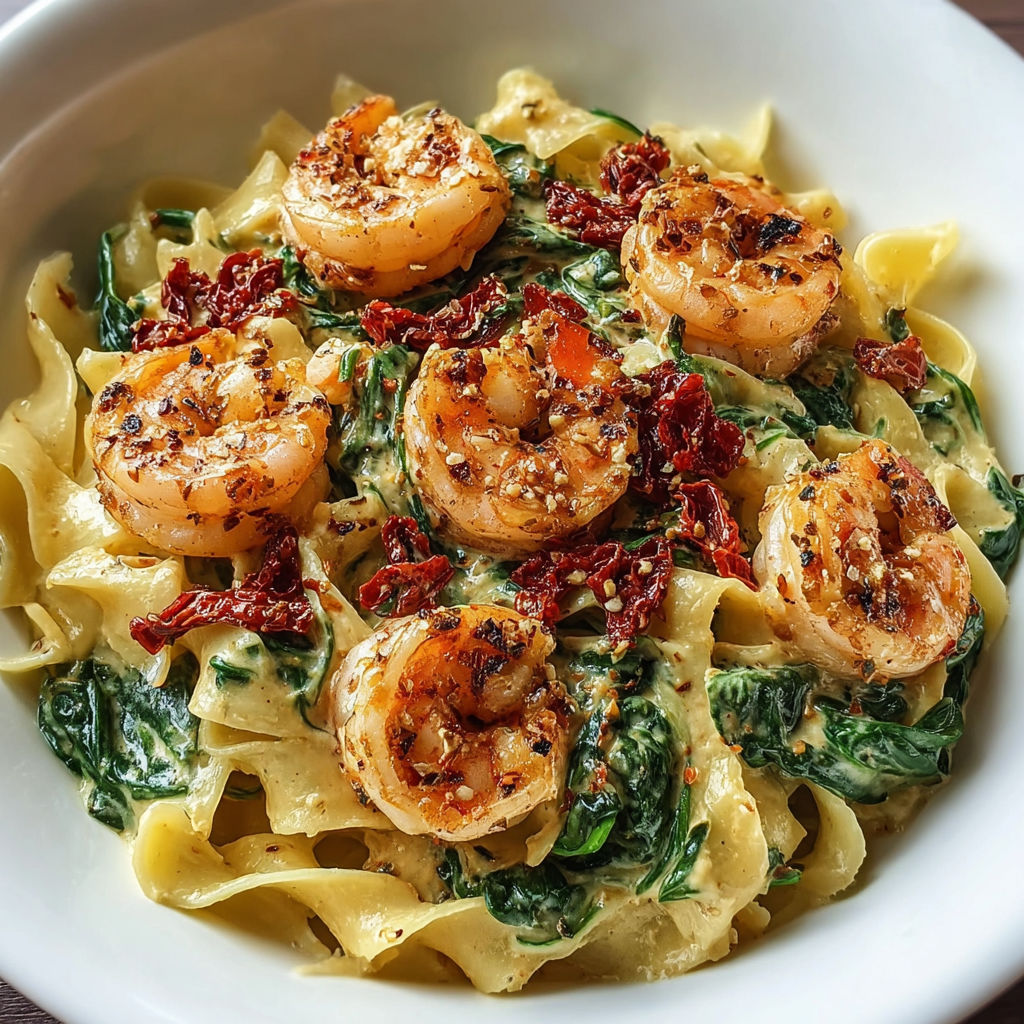 A bowl of shrimp and pasta.