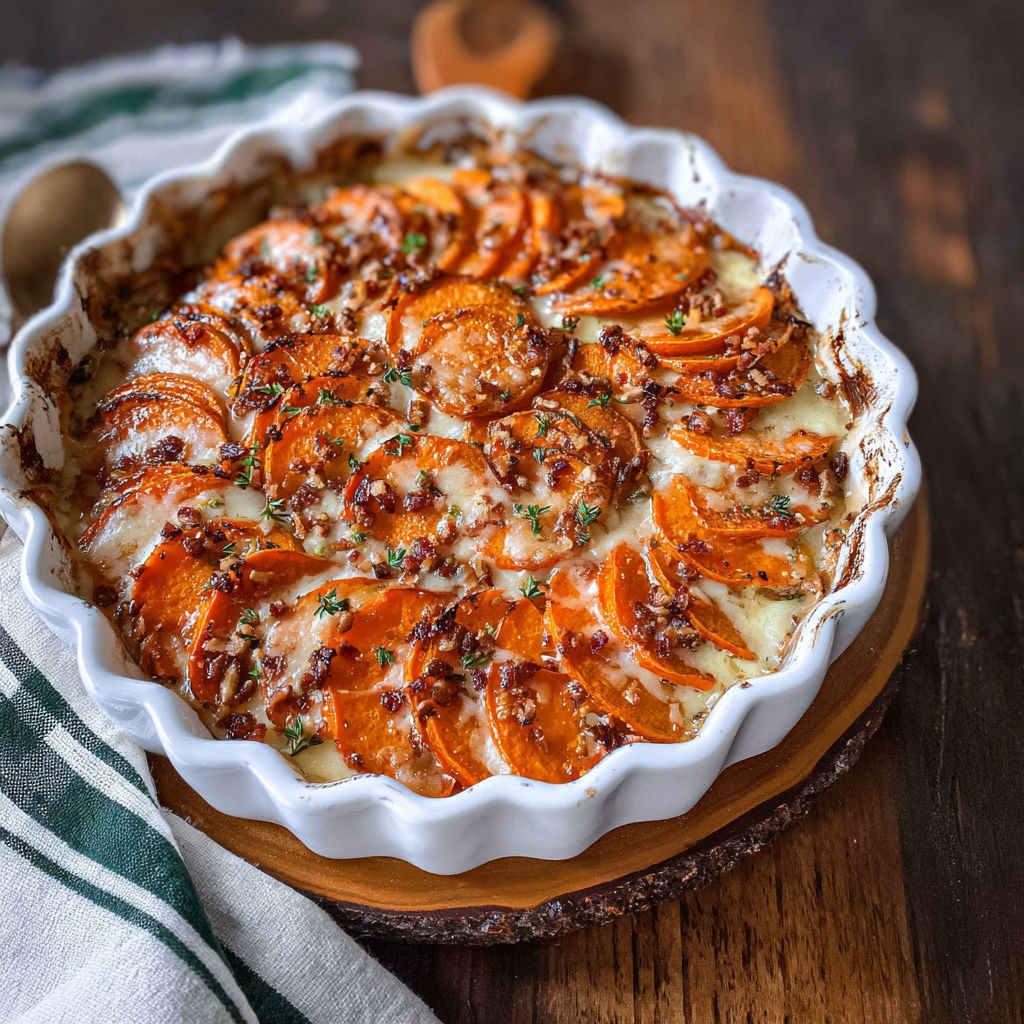 A delicious looking dish of scalloped sweet potatoes.