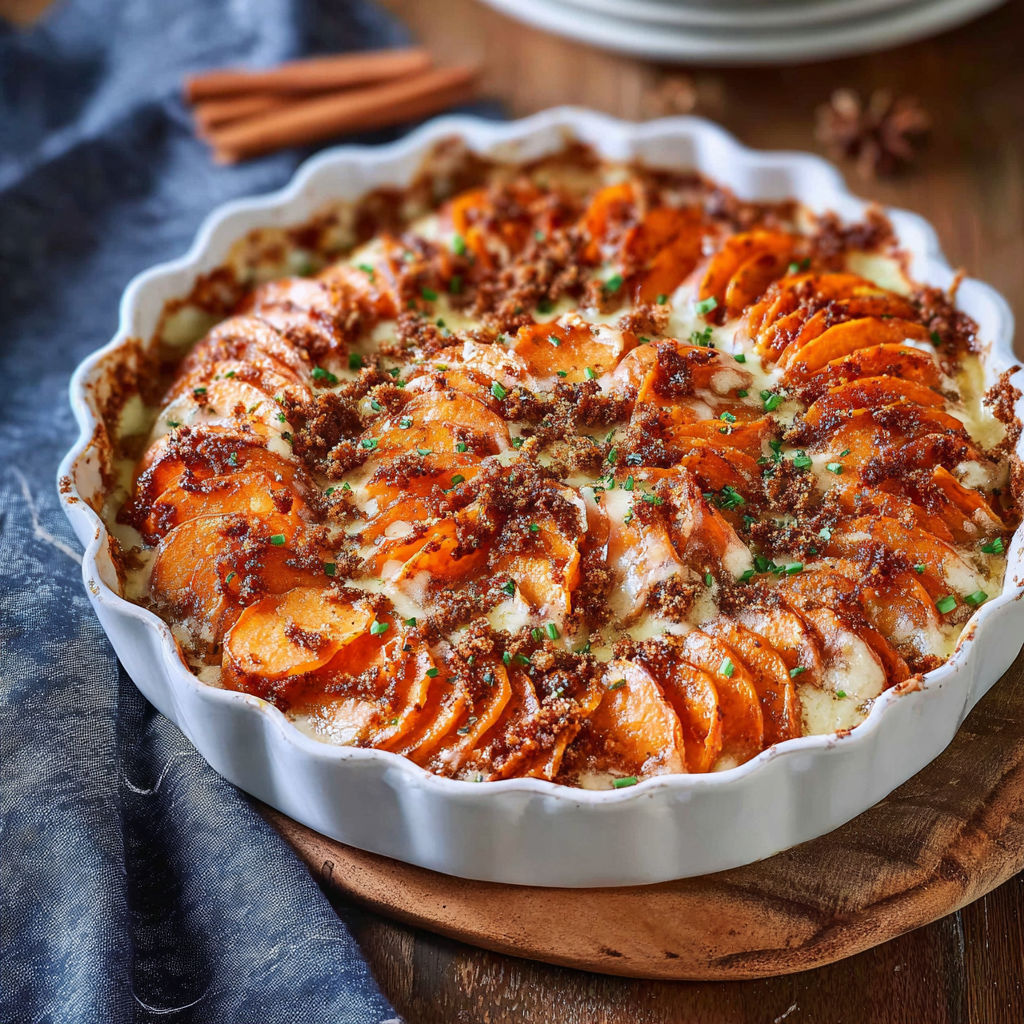 A white bowl filled with scalloped sweet potatoes.