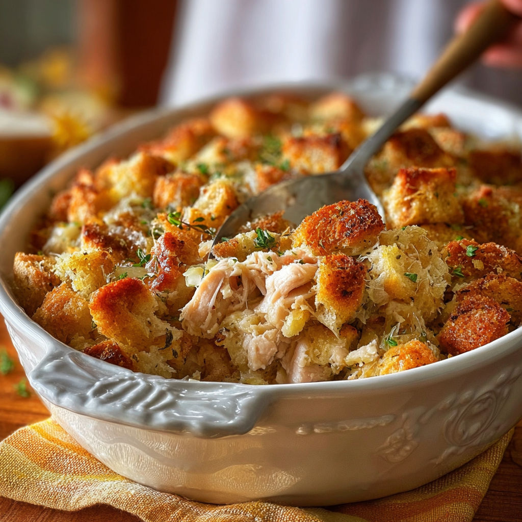 A white bowl filled with chicken and stuffing.