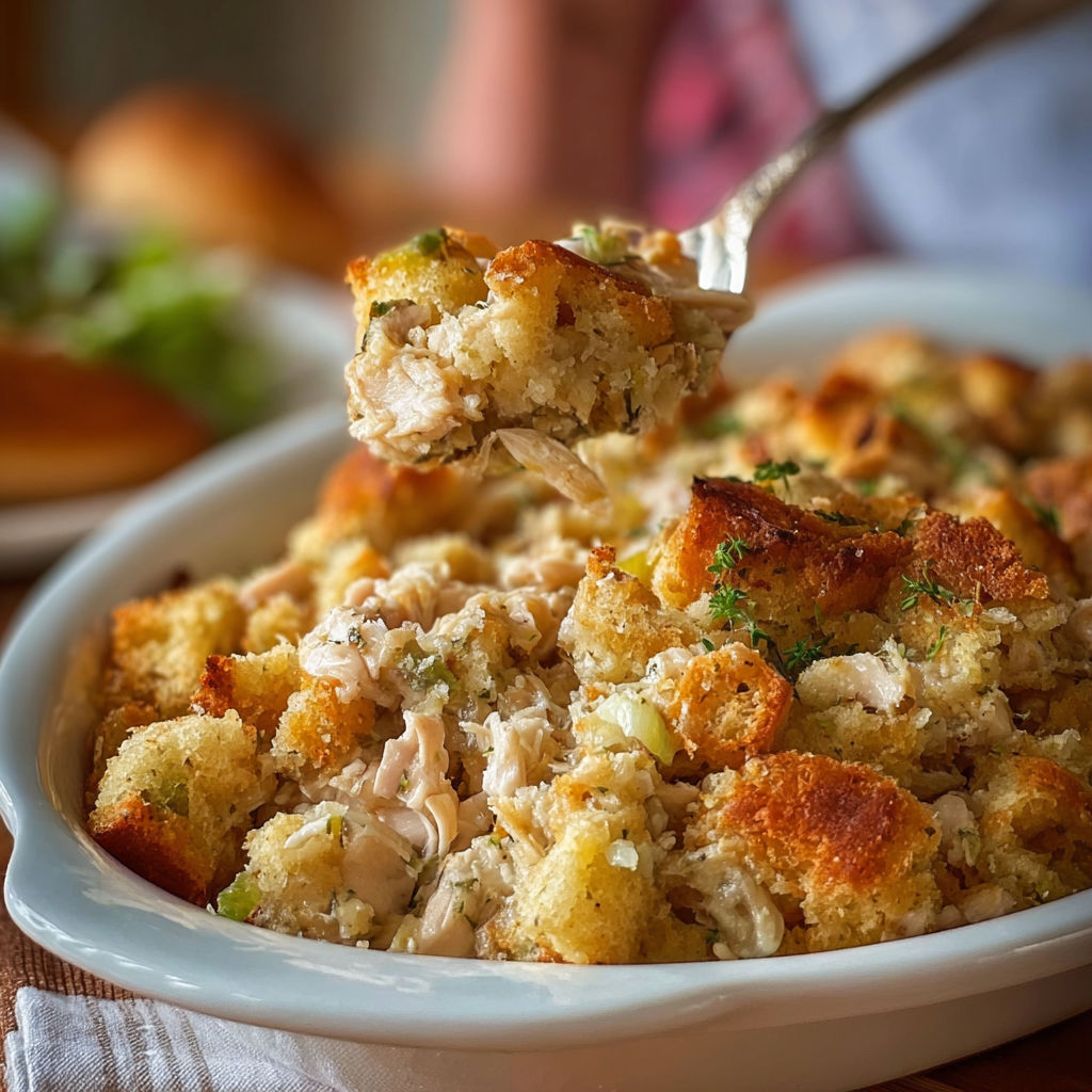 A person is eating a piece of Dolly's Chicken and Stuffing Casserole.