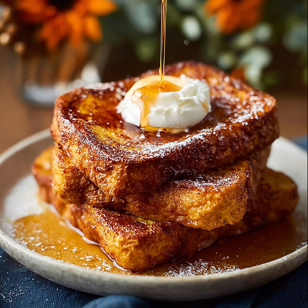 French toast with a dollop of whipped cream and a drizzle of maple syrup.