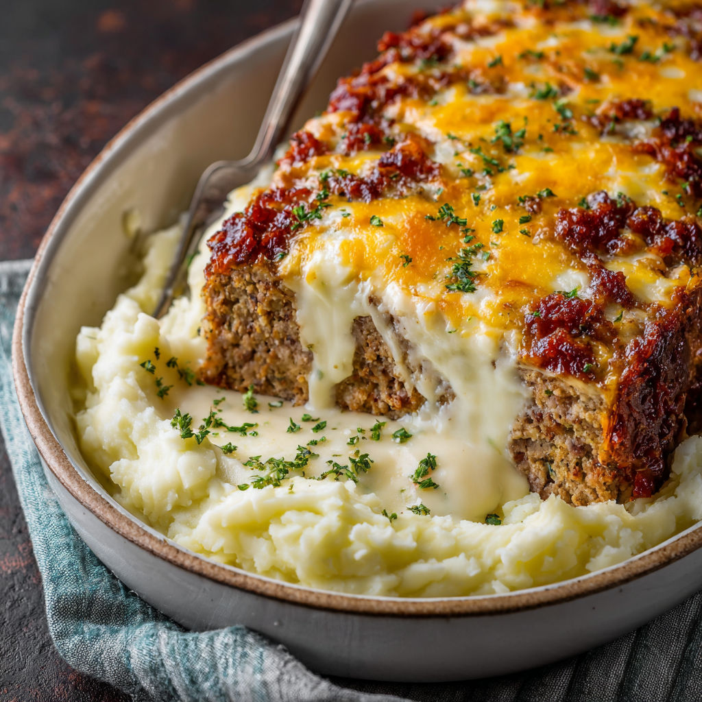 A plate of meatloaf with mashed potatoes and cheese.