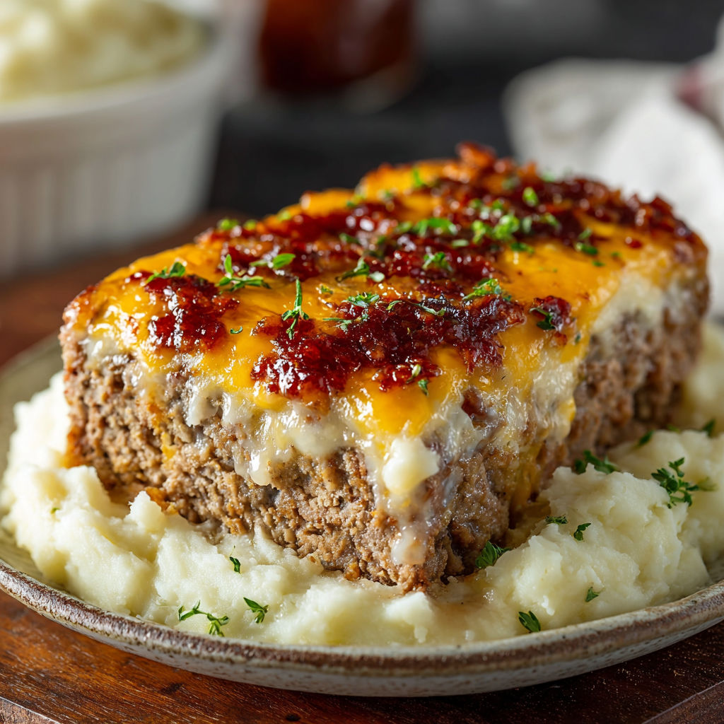 A slice of meatloaf with mashed potatoes and cheese.