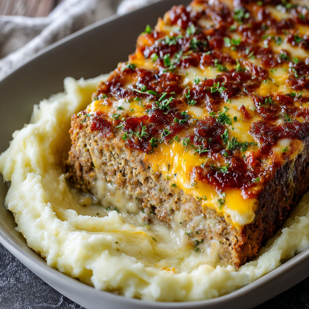 A plate of meatloaf with mashed potatoes and cheese.