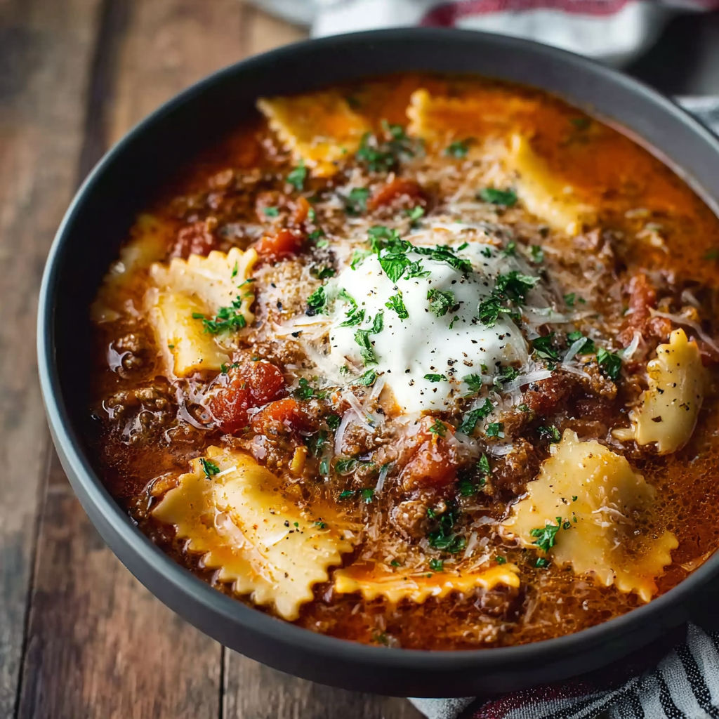 A bowl of lasagna soup with pasta and cheese.