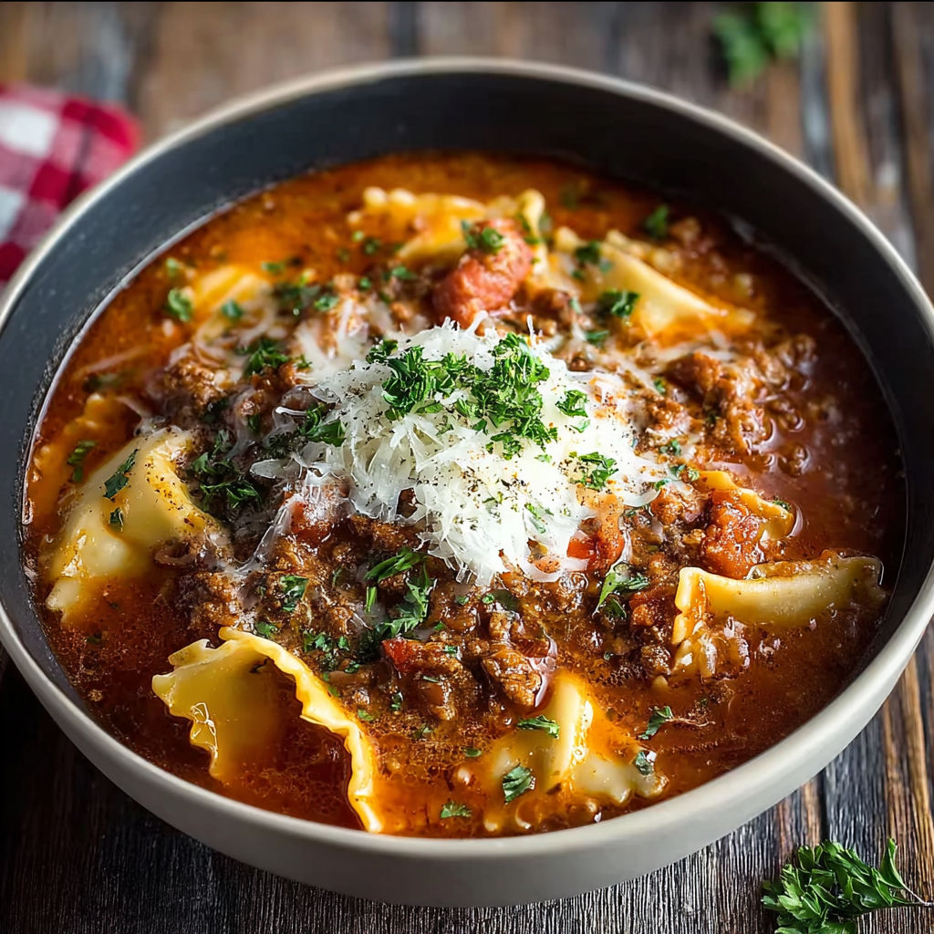 A bowl of soup with noodles and cheese.