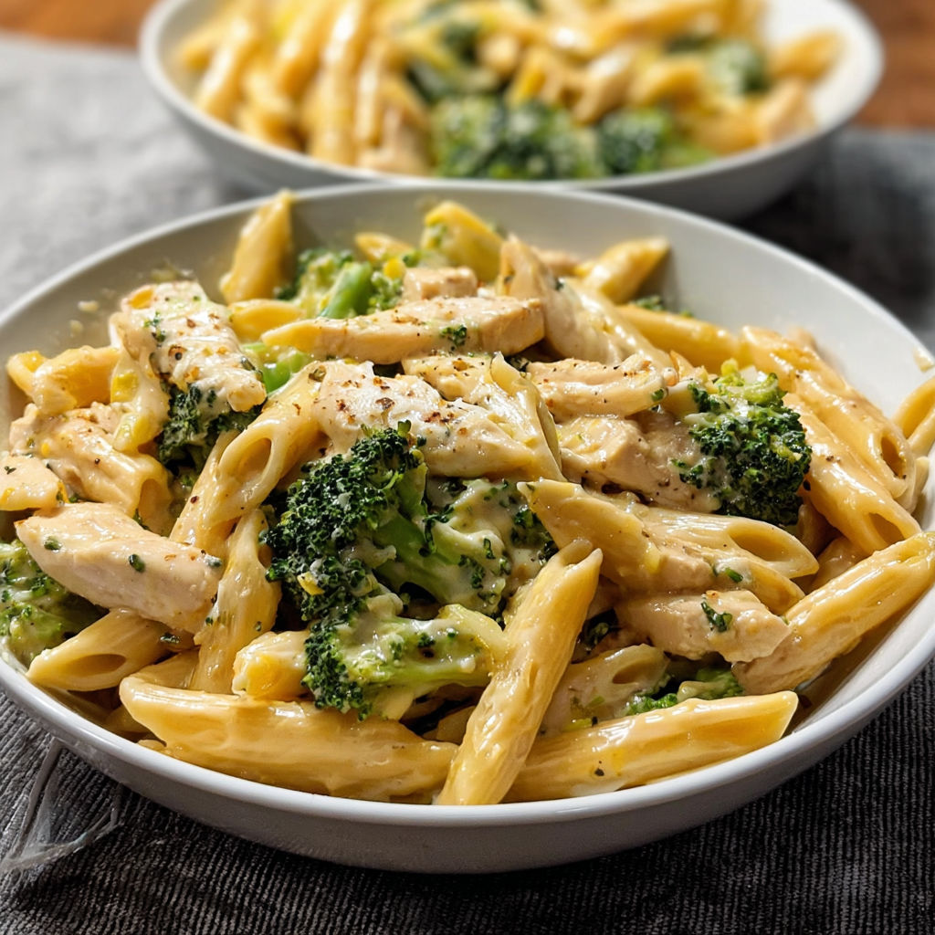 A bowl of pasta with chicken and broccoli.