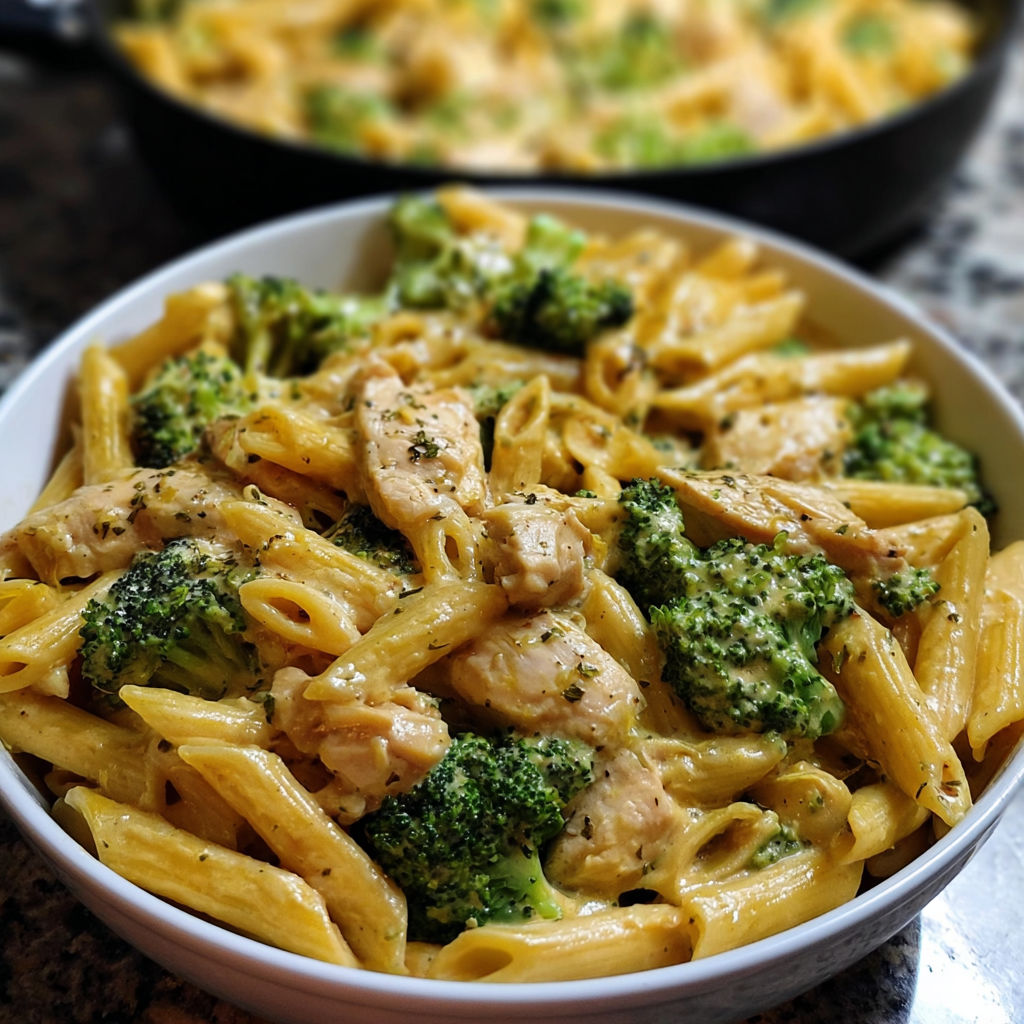 A bowl of pasta with chicken and broccoli.