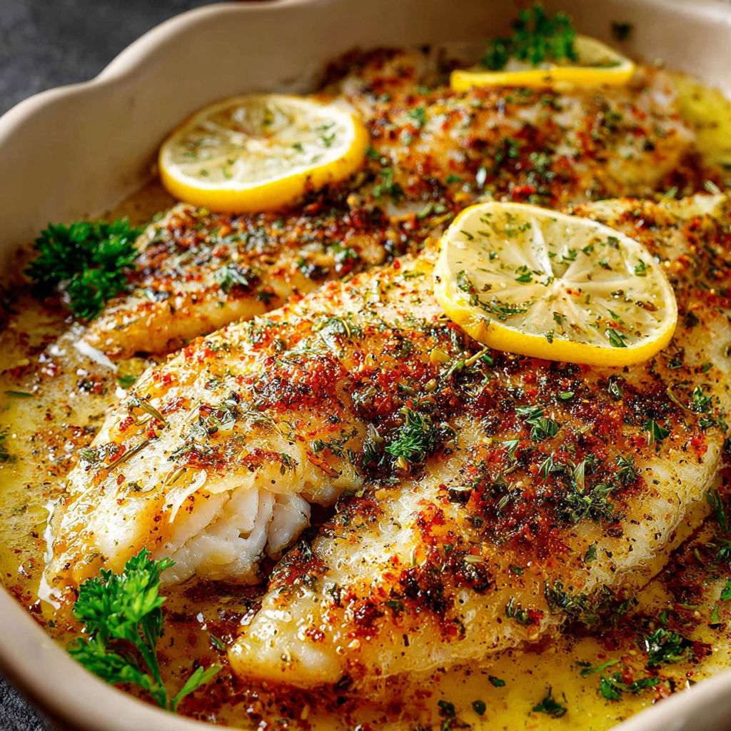 A dish of fish with lemon and herbs.