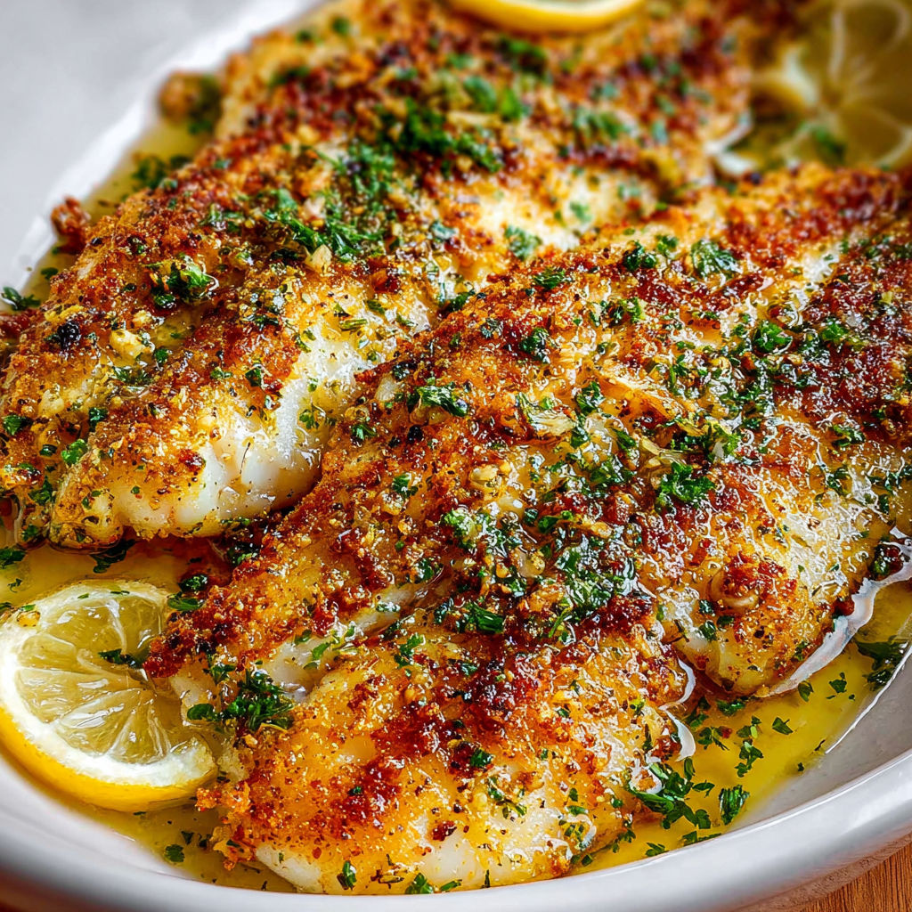 A plate of fish with lemon and herbs.