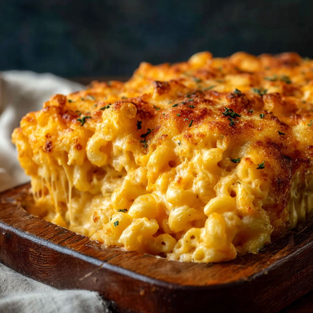 A close up of a baked macaroni and cheese dish.