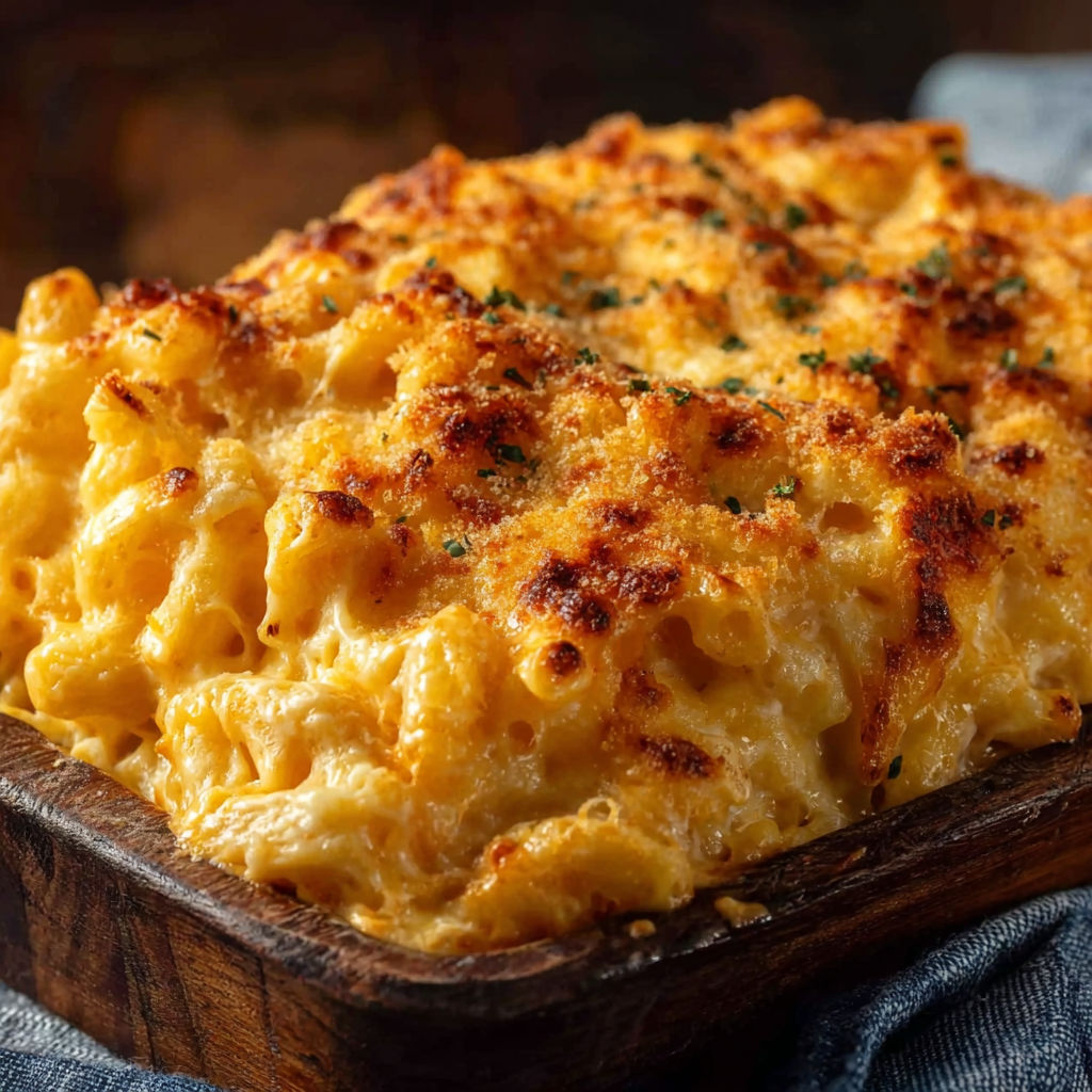 A close up of a baked macaroni and cheese dish.