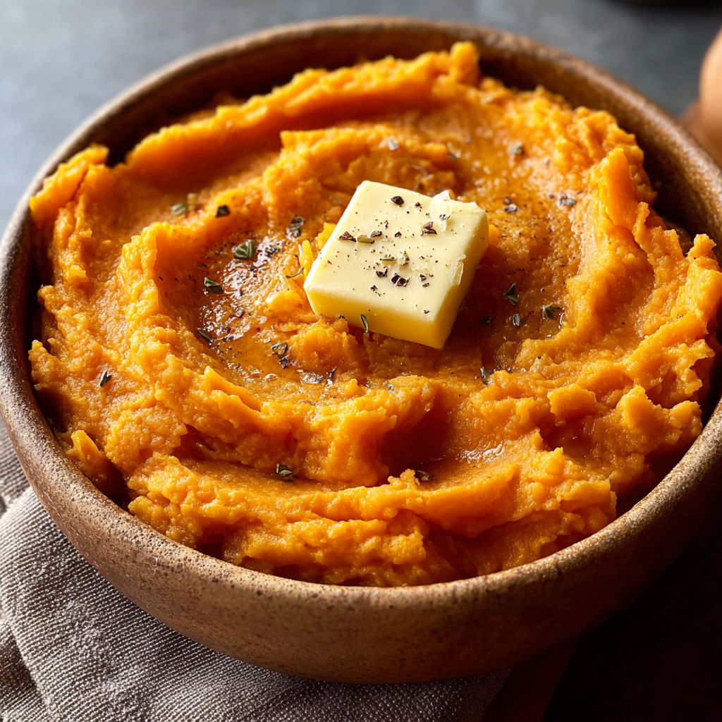 A bowl of mashed sweet potatoes with a piece of butter on top.