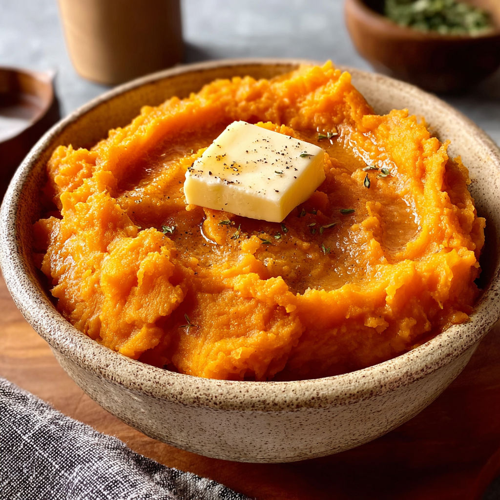 A bowl of mashed sweet potatoes with a dollop of butter on top.