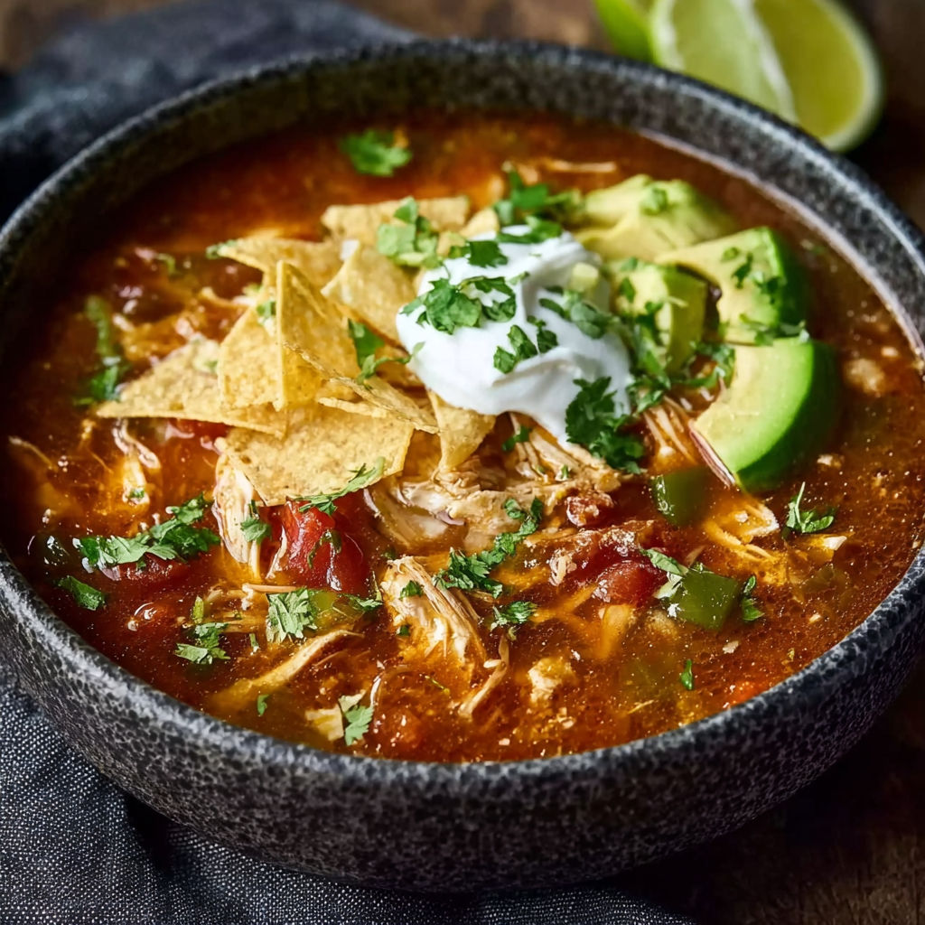 A bowl of soup with chips on top.