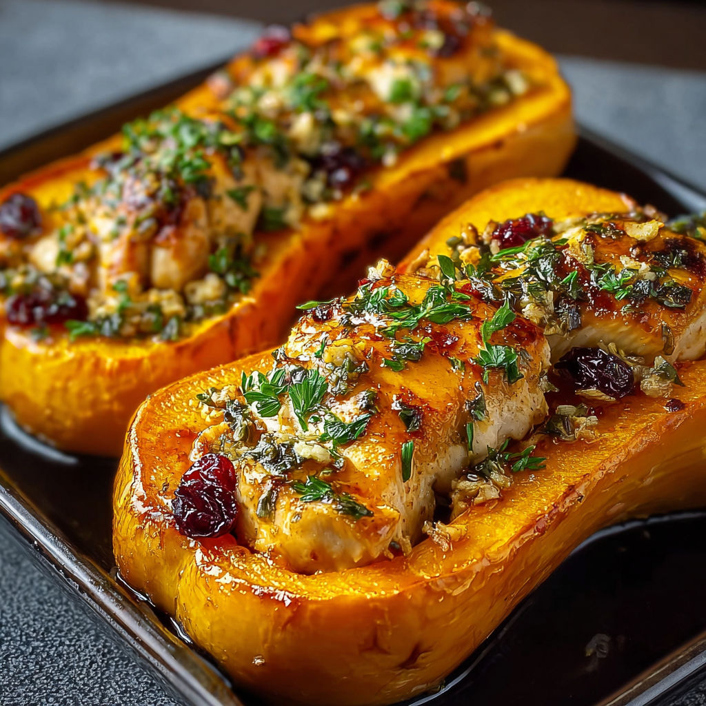 A dish of butternut squash stuffed with chicken and topped with herbs.