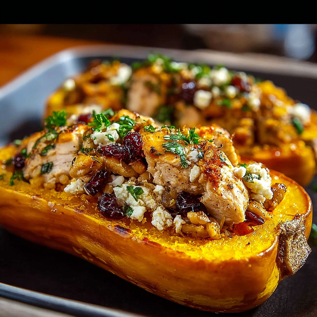A delicious looking sweet and savory honey roasted butternut squash stuffed with chicken.